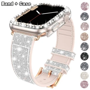 Silicone Leather Strap for Apple Watch Ultra 49mm Band 9876 44/45MM Diamond Case - Picture 1 of 16