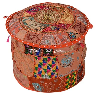 Indian Round Bean Bag Ottoman Cover Vintage Patchwork Pouf 18" Lounge Furniture - Image 1 of 4
