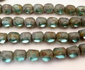 25 6 mm Czech Glass Antique Style Triangle Beads: Teal - Picasso - Picture 1 of 1