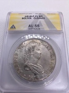 1818 PTS PJ Bolivia Argento 8R 8 Reales AU 55 Dettagli Anacs Argento Potosi #562 - Foto 1 di 11