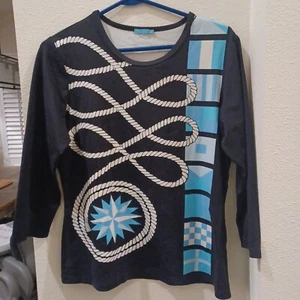 Top elasticizzato J. Mclaughlin nero blu bianco stampa corda manica 3/4 taglia L - Foto 1 di 2