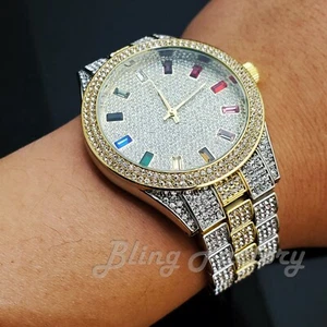 Men's Iced Luxury Multi Color Accent Bling Two Tone Lab Diamond Bracelet Watch - Picture 1 of 4