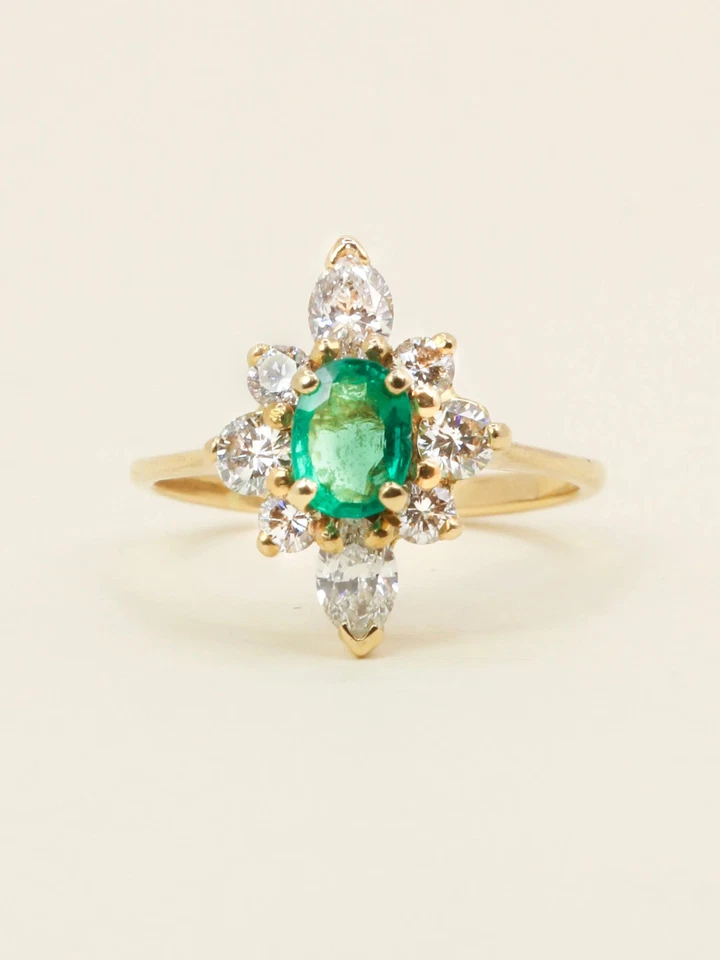 Bague marquise or jaune émeraude ovale diamants - Photo 1/4