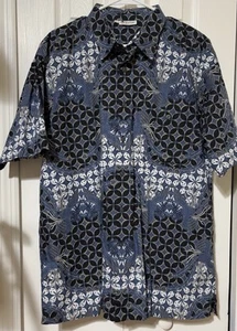 Vintage Batik Keris Shirt Men’s Large Blue All Over Print Hawaiian 100% Cotton - Picture 1 of 9