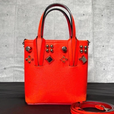 CHRISTIAN LOUBOUTIN Cabata N/S Leather 2Way Mini Tote Bag Shoulder Orange Studs - Image 1 of 4