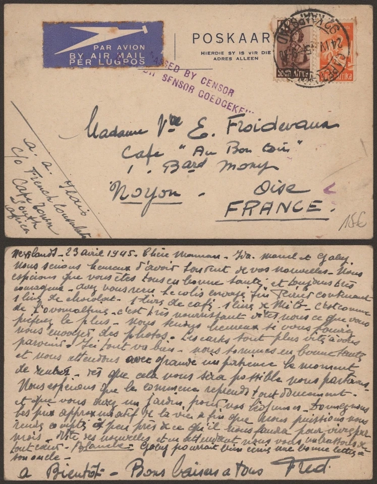 Sudáfrica Segunda Guerra Mundial 1945 - Postal de correo aéreo a Francia - Censor D771 Foto 1 de 1