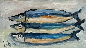 Sardine Original Oil Painting Fish Seafood Art Sardine Still life Kitchen Signed - Picture 1 of 7