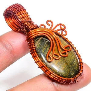 Iron Tiger's Eye Gemstone Copper Pendant Handcrafted Wire Wrap Jewelry 2.3" - Picture 1 of 7