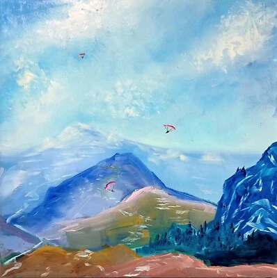 Ölmalerei Berg Gleitschirmflieger 20x20 cm Ölgemälde auf Leinwand - Bild 1 von 4