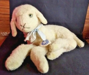 Campana de botones vintage Steiff LAMBY 1966/67 cordero mentiroso de 11" animal de peluche 750 difícil de encontrar - Imagen 1 de 6