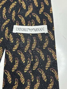 Emporio Armani Silk Tie Black Abstract Yellow & Orange Pattern Authentic STAINED - Picture 1 of 8