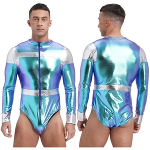 Men's Bodysuits Contrast Leotard Dress-up Jumpsuit Bodycon Cosplay Long Sleeve - Picture 1 of 23