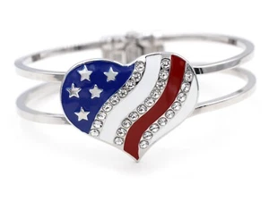4th of July USA American Flag Patriotic Heart Bangle Cuff Bracelet - Picture 1 of 6