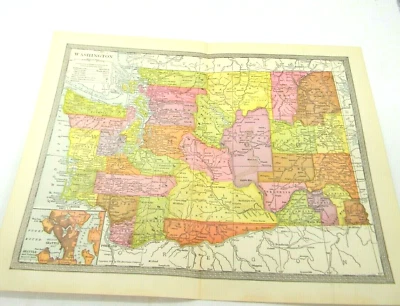 Antiguo libro de mapas a color del estado de Washington placa de ilustración pastel 1904 Foto 1 de 4