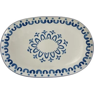 Gorgeous Pier 1 Stoneware Platter Blue White Floral Geometric 14.25"x9.25" - Picture 1 of 8