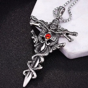 Punk Titanium Steel Dragon Sword Necklace – Vintage Evil Eye Cross Pendant Men - Picture 1 of 24