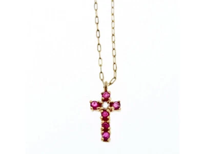 14K YELLOW GOLD RUBIES & DIAMOND CHAIN WITH CROSS PENDANT - Image 1 of 4