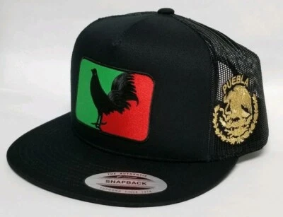 PUEBLA MEXICO SOMBRERO MALLA CAMIONERO NEGRO A PRESIÓN TRASERO AJUSTABLE NUEVO 2 LOGOTIPOS Foto 1 de 3