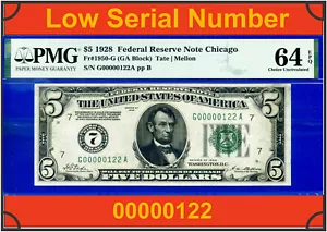 1928 $5 Federal Reserve Note PMG 64EPQ three digit low serial number 122 - Picture 1 of 4