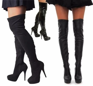 Ladies New Sexy Black Over Knee Thigh High Heel Stiletto Platform Stretchy Boots - Picture 1 of 32