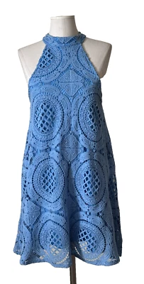 JUDITH MARCH Large Blue Sleeveless DRESS Crochet Overlay Racerback Lined - Image 1 of 4
