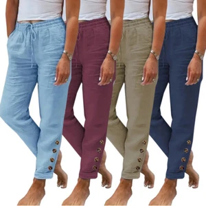 Womens Loose Pants Drawstring Elastic Waist Straight Pants Breathable Casual - Picture 1 of 19
