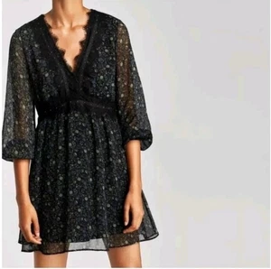 Zara XS Floral Lace V Neck Long Sleeve Mini Dress - Picture 1 of 9