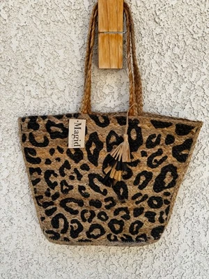 NWT-Leopard Print Black & Natural Jute Large Beach Bag Tote- Magid Brand - Image 1 of 2