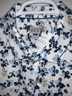 IKE BEHAR LINEN BLEND WHITE BLUE FLORAL UNTUCKED CAMP BUTTON SHIRT SIZE XL NWT - Image 1 of 4