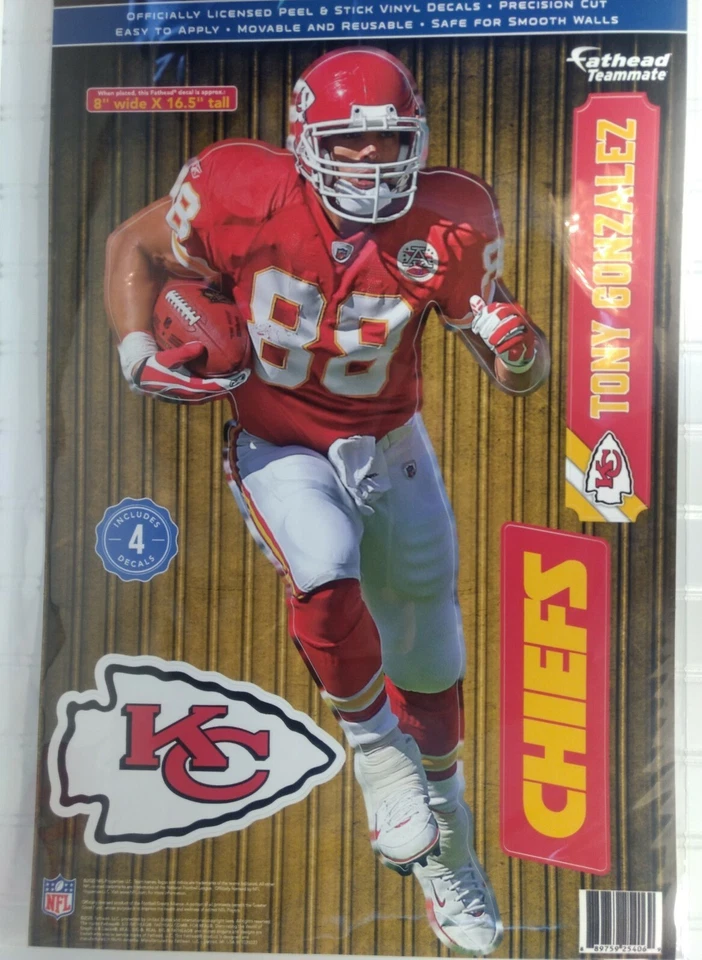 CALCOMANÍAS GRÁFICAS DE PARED TONY GONZALEZ KANSAS CITY CHIEFS 4 PIEZAS FATHEAD 11"X17" Foto 1 de 1