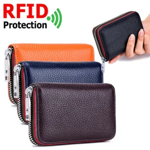 Women Men Credit Card Holder Wallet Small Zipper Card Case Leather RFID Blocking - Picture 1 of 38