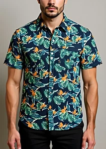 International Report, Men Shirt, XXL, Blue, 4 Way Stretch, Floral Leaf Tropical - Picture 1 of 8