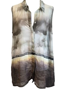 Vero Moda Ombre Sleeveless High Low Button Down Blouse Studded Collar Womens XL - Picture 1 of 12