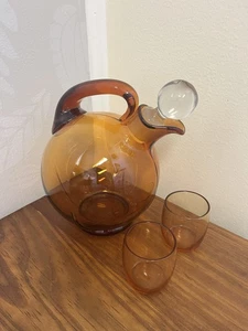 Vintage Cambridge Braunglas Tilt Ball Cordial Dekanter mit 2 Gläsern Mid Century - Bild 1 von 13