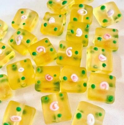 12mm Frosted Matte Yellow Rose Flower Floral Flat Square Cube Loose Glass Bead - Image 1 of 2