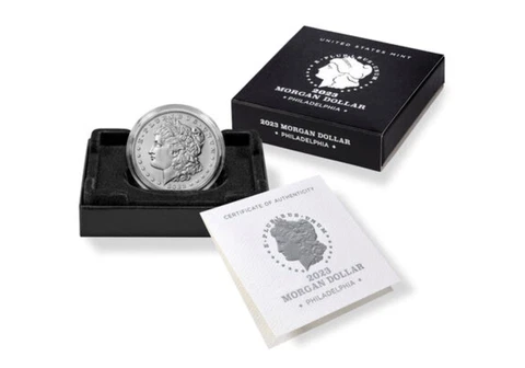 2023 Morgan Silver Dollar Uncirculated Coin 23XE & COA In Hand Cover