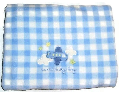 Carters Just One Year Sweet Baby Boy Airplane Baby Blanket Blue Gingham Lovey - Image 1 of 2