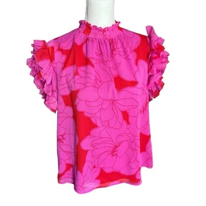 NWT sugarlips Floral Ruffle Sleeve Blouse Pink Red short sleeve women medium - Picture 1 of 5