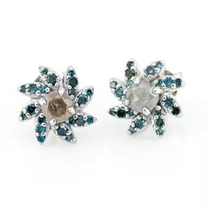 Enhanced Blue and White Diamond Pinwheel Flower Stud Earrings in Sterling Silver - Picture 1 of 3