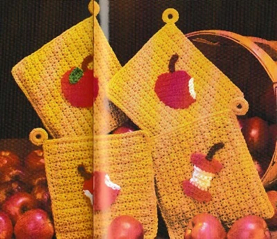 Apple Potholders - 4 Designs - 7-1/2" - Worsted yarn - CROCHET PATTERN ONLY - Image 1 of 2