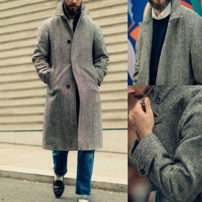 Herringbone Business Men Overcoat Tweed Long Coats Regular Fit Wedding Prom - Image 1 of 4