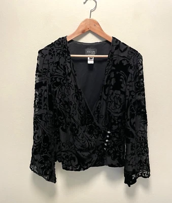 Vintage Womens Top 14 Petite Black Floral Velvet Burnout Silk Blend Witchy 90s - image 1 of 4