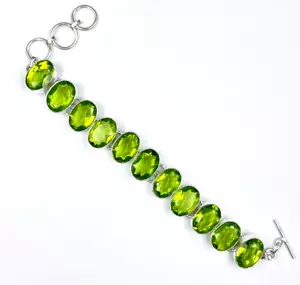 925 Sterling Silver Green Peridot Gemstone Handmade Jewelry Chain Bracelet - Picture 1 of 3