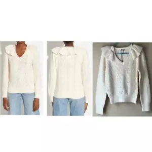 NEW Industry Pearl Long Sleeve Ruffle Pointelle V-Neck Cable Pullover Sweater L - Picture 1 of 14