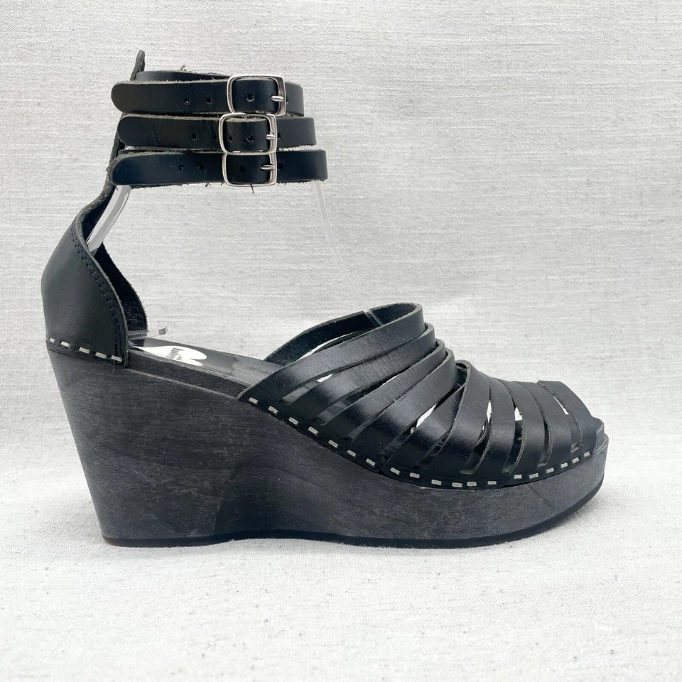 Swedish Hasbeens H&M Womens 8 Gladiator Wedge Sandals Black Leather Platform - Image 1 of 4