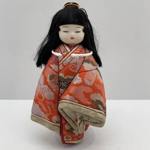 Vintage Gofun Japanese Ichimatsu Girl Doll Black Hair Silk Kimono Ningyo 11.5" - Picture 1 of 9