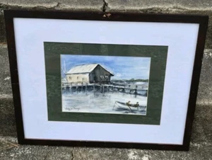 Vintage Framed Watercolor Betty Jo Scurry Marina Scene Boat Fishing Edisto SC - Picture 1 of 7