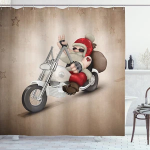 Christmas Shower Curtain Cool Santa on Bike Print for Bathroom - Picture 1 of 6