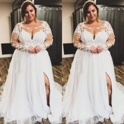 Plus Size Wedding Dresses Long Sleeves With Silt Lace Appliques Bridal Gowns - Image 1 of 4