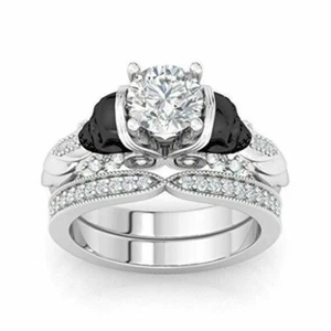 2 Ct Round Simulated Diamond Gothic Bridal Skull Halloween Ring Set 925 Silver - Picture 1 of 8